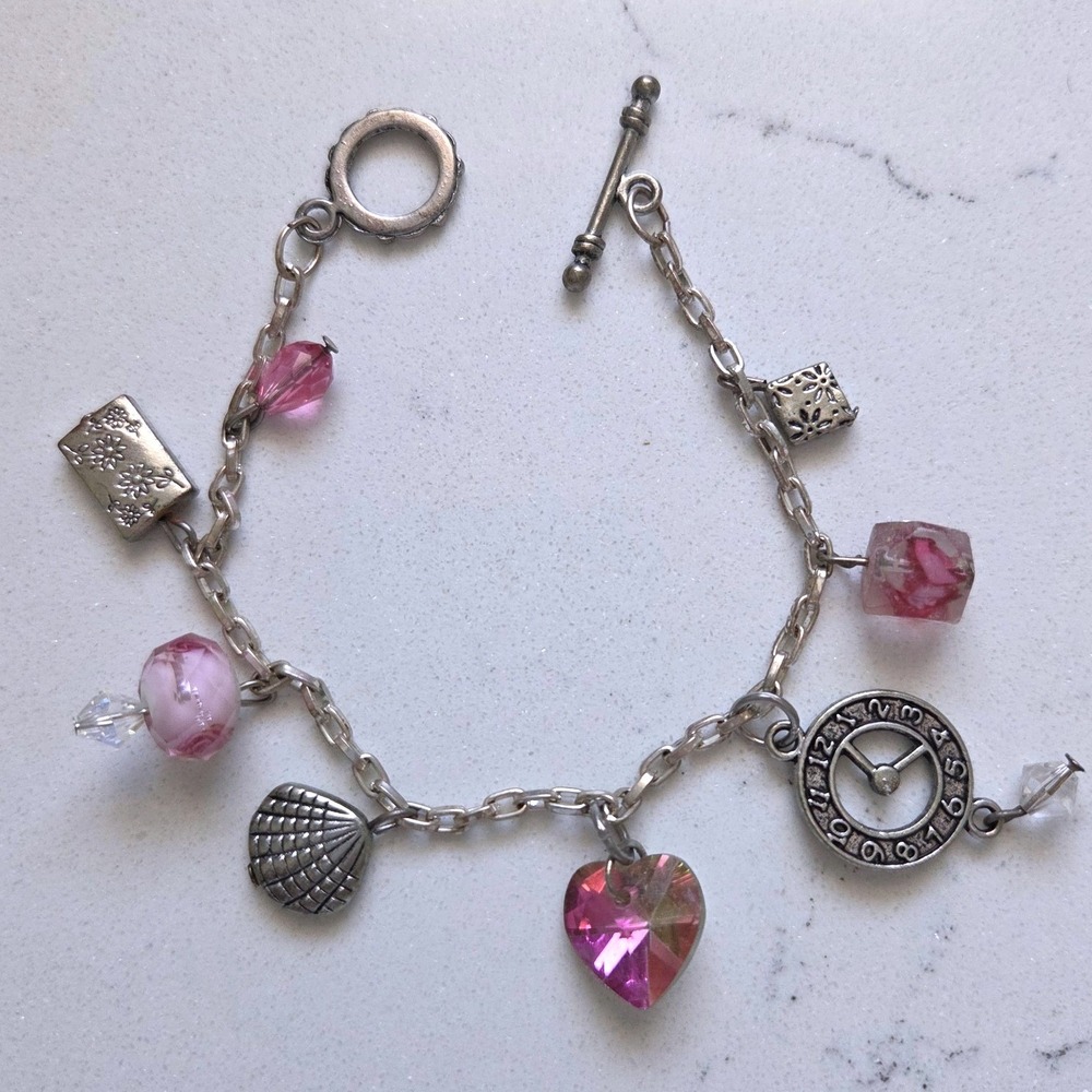 VTG Silver Tone Pink‎ Heart Clock Seashell Toggle Charm Bracelet